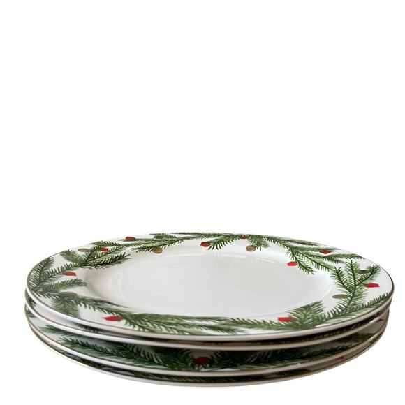 NEIMAN MARCUS Christmas Pine Dinner Plates 12.6in Green & White 4pc Boxed Set - Picture 7 of 16